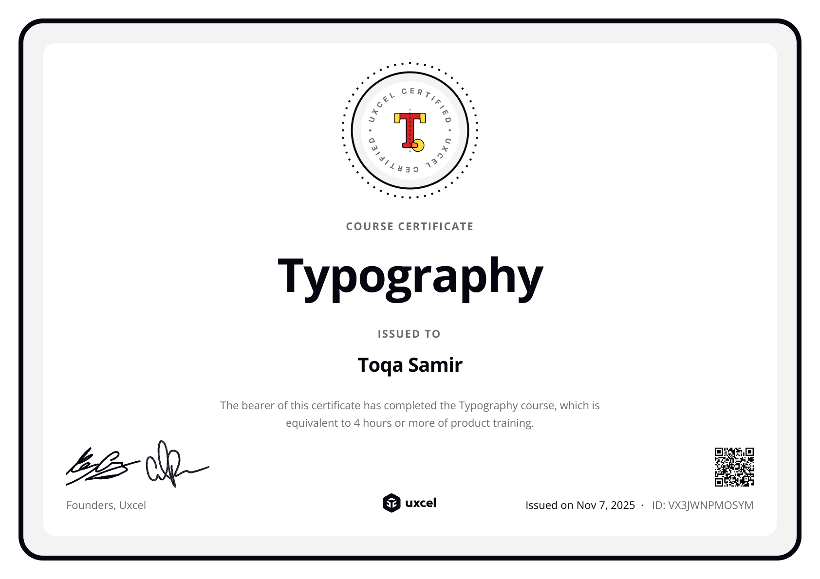 Toqa Samir's certificate